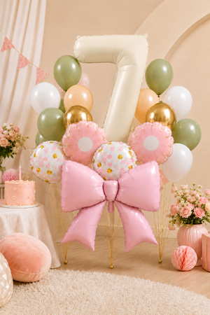 7 Yaş Retro Krem Pembe Fiyonk Konsept Doğum Günü Balon Zinciri Seti Set34