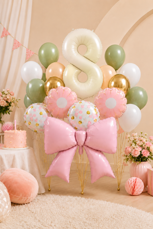 8 Yaş Retro Krem Pembe Fiyonk Konsept Doğum Günü Balon Zinciri Seti Set34