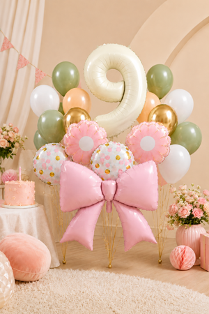 9 Yaş Retro Krem Pembe Fiyonk Konsept Doğum Günü Balon Zinciri Seti Set34