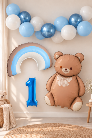 1 Yaş Mavi Gökkuşağı ve Ayı Temalı Doğum Günü Balon Süsleme Seti Set36