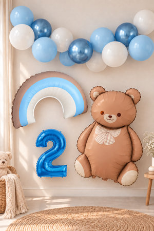 2 Yaş Retro Mavi Gökkuşağı ve Ayı Temalı Doğum Günü Balon Süsleme Seti Set36