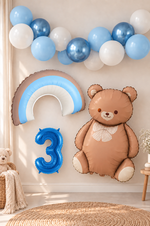 3 Yaş Retro Mavi Gökkuşağı ve Ayı Temalı Doğum Günü Balon Süsleme Seti Set36