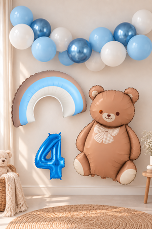 4 Yaş Retro Mavi Gökkuşağı ve Ayı Temalı Doğum Günü Balon Süsleme Seti Set36