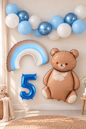 5 Yaş Retro Mavi Gökkuşağı ve Ayı Temalı Doğum Günü Balon Süsleme Seti Set36