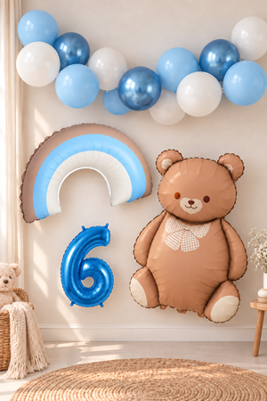 6 Yaş Retro Mavi Gökkuşağı ve Ayı Temalı Doğum Günü Balon Süsleme Seti Set36