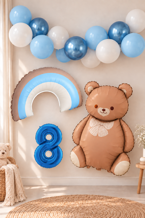 8 Yaş Retro Mavi Gökkuşağı ve Ayı Temalı Doğum Günü Balon Süsleme Seti Set36