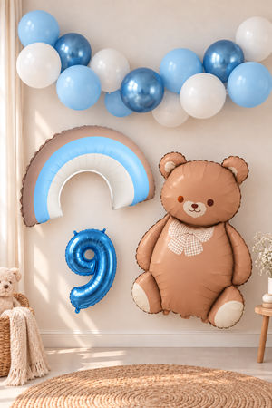 9 Yaş Retro Mavi Gökkuşağı ve Ayı Temalı Doğum Günü Balon Süsleme Seti Set36