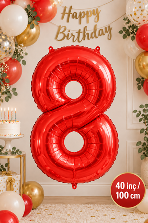 8 Yaş 40inc Kırmızı Rakam Folyo Balon 100 cm Yaş Balonu 1metre