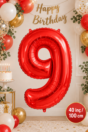 9 Yaş 40inc Kırmızı Rakam Folyo Balon 100 cm Yaş Balonu 1metre