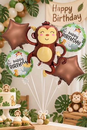 5'li Set Maymun Balonlu Safari Temalı Folyo Balon Seti