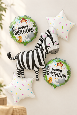 5'li Set Zebra Balonlu Safari Temalı Folyo Balon Seti
