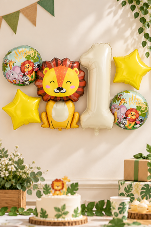 1 Yaş Aslan Folyo Balonlu Set Safari Tema Balon Seti Set39 1 Yaş