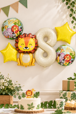 8 Yaş Aslan Folyo Balonlu Set Safari Tema Balon Seti Set39 - 8 Yaş