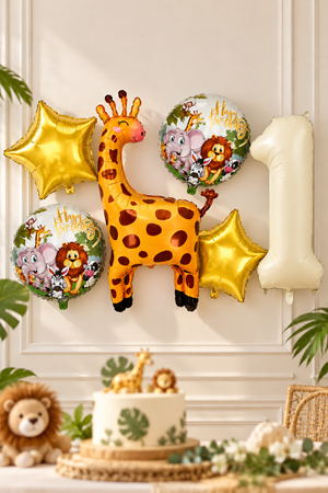 1 Yaş Zürafa Folyo Balonlu Set Safari Tema Balon Seti Set40 1 Yaş