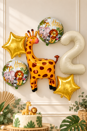 2 Yaş Zürafa Folyo Balonlu Set Safari Tema Balon Seti Set40 2 Yaş