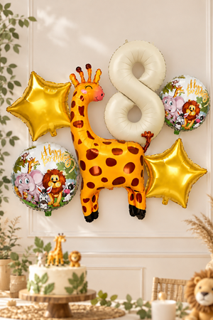 8 Yaş Zürafa Folyo Balonlu Set Safari Tema Balon Seti Set40