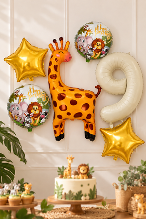 9 Yaş Zürafa Folyo Balonlu Set Safari Tema Balon Seti Set40