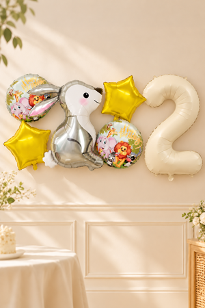 2 Yaş Gümüş Tavşan Folyo Balonlu 5li Set  ve Rakam Balon Safari Tema Balon Seti Set41