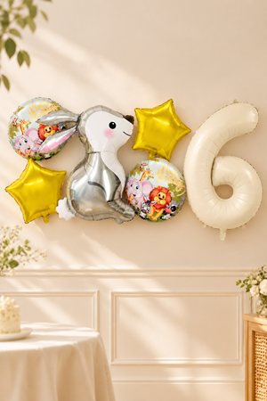 6 Yaş Gümüş Tavşan Folyo Balonlu 5li Set  ve Rakam Balon Safari Tema Balon Seti Set41 - 6 Yaş