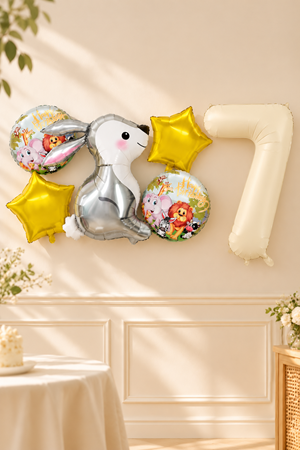 7 Yaş Gümüş Tavşan Folyo Balonlu 5li Set  ve Rakam Balon Safari Tema Balon Seti Set41