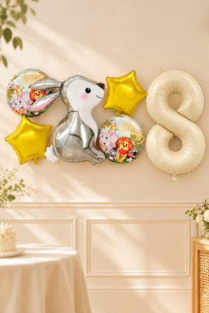 8 Yaş Gümüş Tavşan Folyo Balonlu 5li Set  ve Rakam Balon Safari Tema Balon Seti Set41