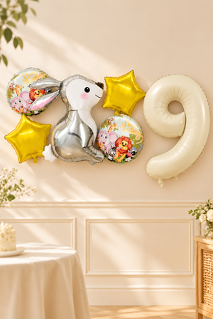 9 Yaş Gümüş Tavşan Folyo Balonlu 5li Set  ve Rakam Balon Safari Tema Balon Seti Set41