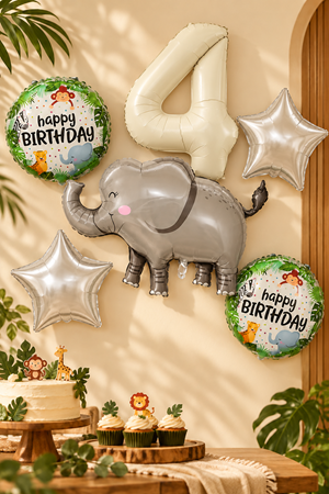 4 Yaş Fil Folyo Balonlu 5li Set ve Rakam Balon Safari Tema Balon Seti Set42