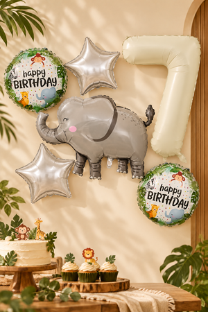 7 Yaş Fil Folyo Balonlu 5li Set ve Rakam Balon Safari Tema Balon Seti Set42