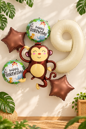 9 Yaş Maymun Folyo Balonlu Safari Tema Doğum Günü Balon Seti Set43