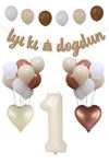 1 Yaş Doğum Günü Retro Balon Seti Kraft İyi Ki Doğdun Banner Krem Yaş Balonu Deniz Kumu Kahve Balonlu