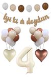 4 Yaş Doğum Günü Retro Balon Seti Kraft İyi Ki Doğdun Banner Krem Yaş Balonu Deniz Kumu Kahve Balonlu