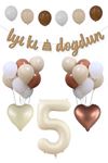 5 Yaş Doğum Günü Retro Balon Seti Kraft İyi Ki Doğdun Banner Krem Yaş Balonu Deniz Kumu Kahve Balonlu