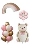 Retro Papyonlu Ayı Pembe Gökkuşağı Papatya Temalı Kız Doğum Günü Baby Shower Balon Seti
