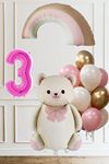 3 Yaş Doğum Günü Krem Papyonlu Ayı Pembe Gökkuşağı ve 10 Balonlu Balon Seti