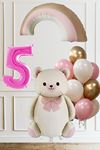 5 Yaş Doğum Günü Krem Papyonlu Ayı Pembe Gökkuşağı ve 10 Balonlu Balon Seti