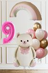 9 Yaş Doğum Günü Krem Papyonlu Ayı Pembe Gökkuşağı ve 10 Balonlu Balon Seti