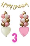 3 Yaş Pembe Kız Çocuk Doğum Günü Konsepti 16inç Pembe Rakam Happy Birthday Bannerlı Set 