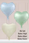 3lü Retro Kalp Folyo Balon Seti Krem,Yeşil, Mavi Set44