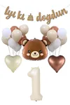 1 Yaş Ayı Kafası Folyo Balon Retro Balonlar 1 Yaş Doğum Günü Balon Seti Set28