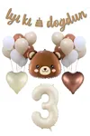 3 Yaş Ayı Kafası Folyo Balon Retro Balonlar 3 Yaş Doğum Günü Balon Seti Set28
