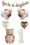 1 Yaş Retro Karamel Papyonlu Ayı ve Retro Balonlar Doğum Günü Balon Seti Set29