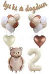 2 Yaş Retro Karamel Papyonlu Ayı ve Retro Balonlar Doğum Günü Balon Seti Set29