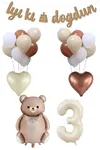 3 Yaş Retro Karamel Papyonlu Ayı ve Retro Balonlar Doğum Günü Balon Seti Set29
