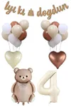 4 Yaş Retro Karamel Papyonlu Ayı ve Retro Balonlar Doğum Günü Balon Seti Set29