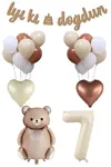 7 Yaş Retro Karamel Papyonlu Ayı ve Retro Balonlar Doğum Günü Balon Seti Set29