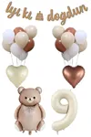 9 Yaş Retro Karamel Papyonlu Ayı ve Retro Balonlar Doğum Günü Balon Seti Set29
