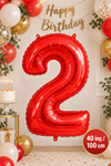 2 Yaş 40inc Kırmızı Rakam Folyo Balon 100 cm Yaş Balonu 1metre