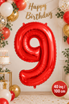 9 Yaş 40inc Kırmızı Rakam Folyo Balon 100 cm Yaş Balonu 1metre